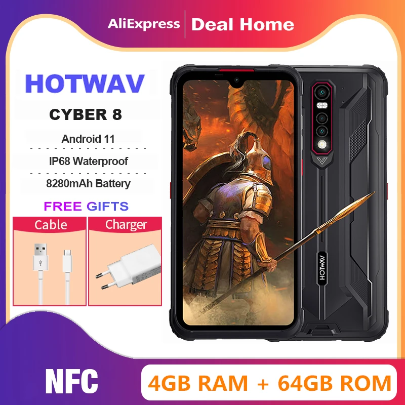 HOTWAV CYBER 8 Global Version Mobile Phone 4GB 64GB Waterproof 8280mAh 16MP Camera 6.3 Inch NFC Android 11 Rugged Smartphone