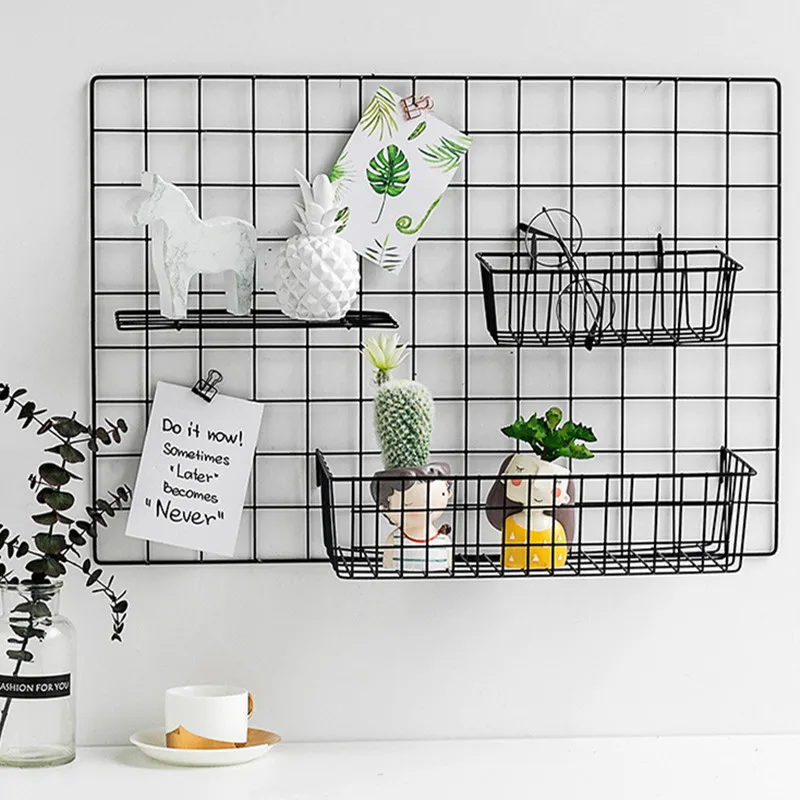 Home Wall Decoration Ins Iron Grid Decor Frame Hanging Rack Wall Display Art Storage Box Basket Mesh Shelf Rack Holder Organizer