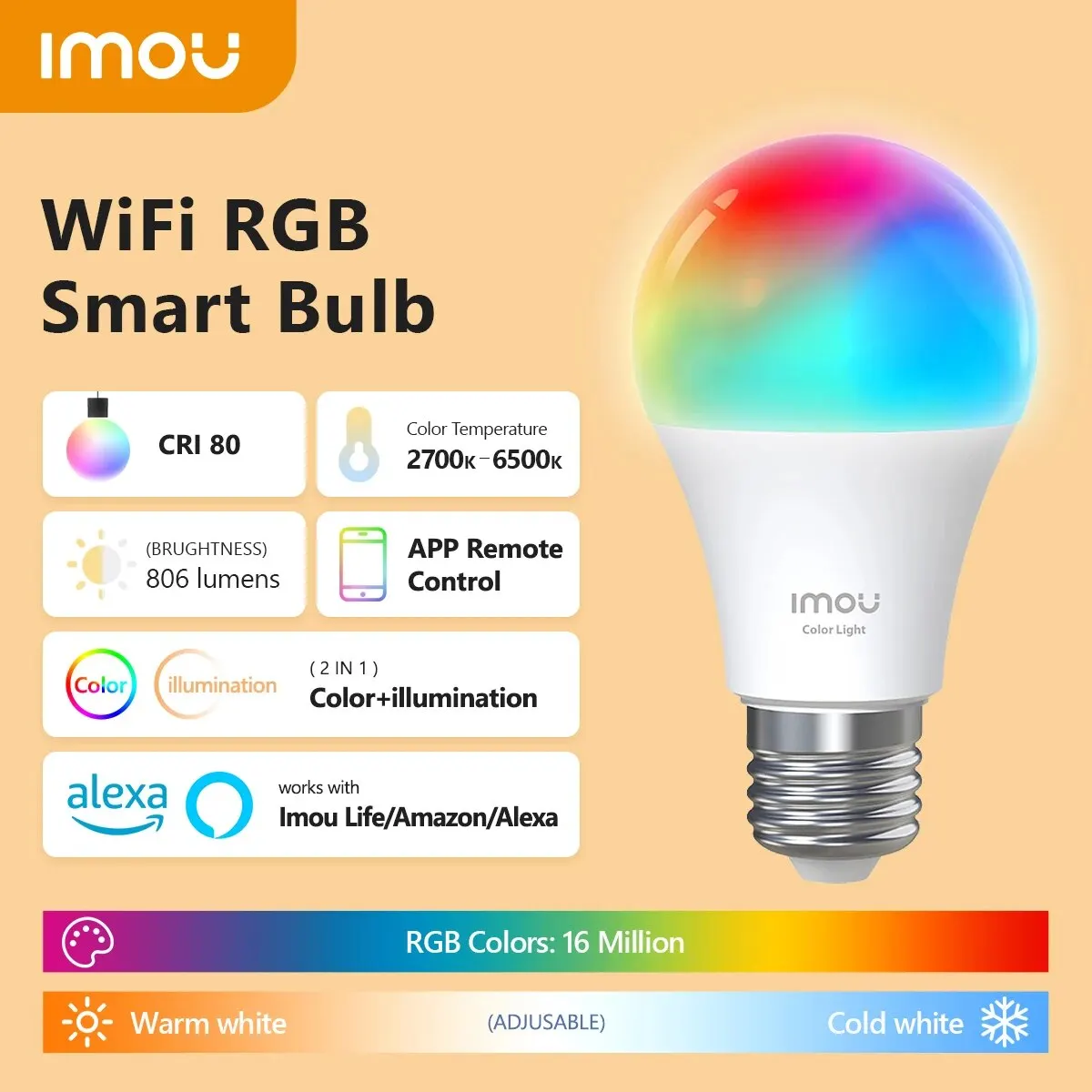 IMOU Wi-Fi RGB Bulb Smart Control Lamp Base Dimmable Light Led Lamp Bombilla Colorful Changing Bulb Led 220-240V/110V 9W