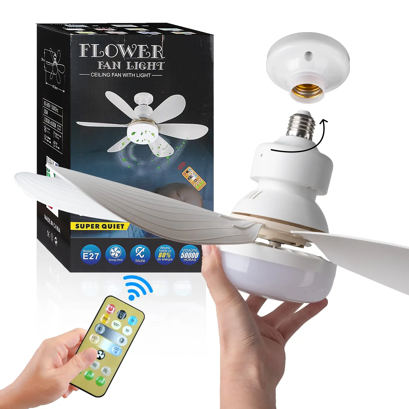 LED 40W ceiling fan light E27 with remote control for dimming, suitable for living room, examine, household use, 85-265V