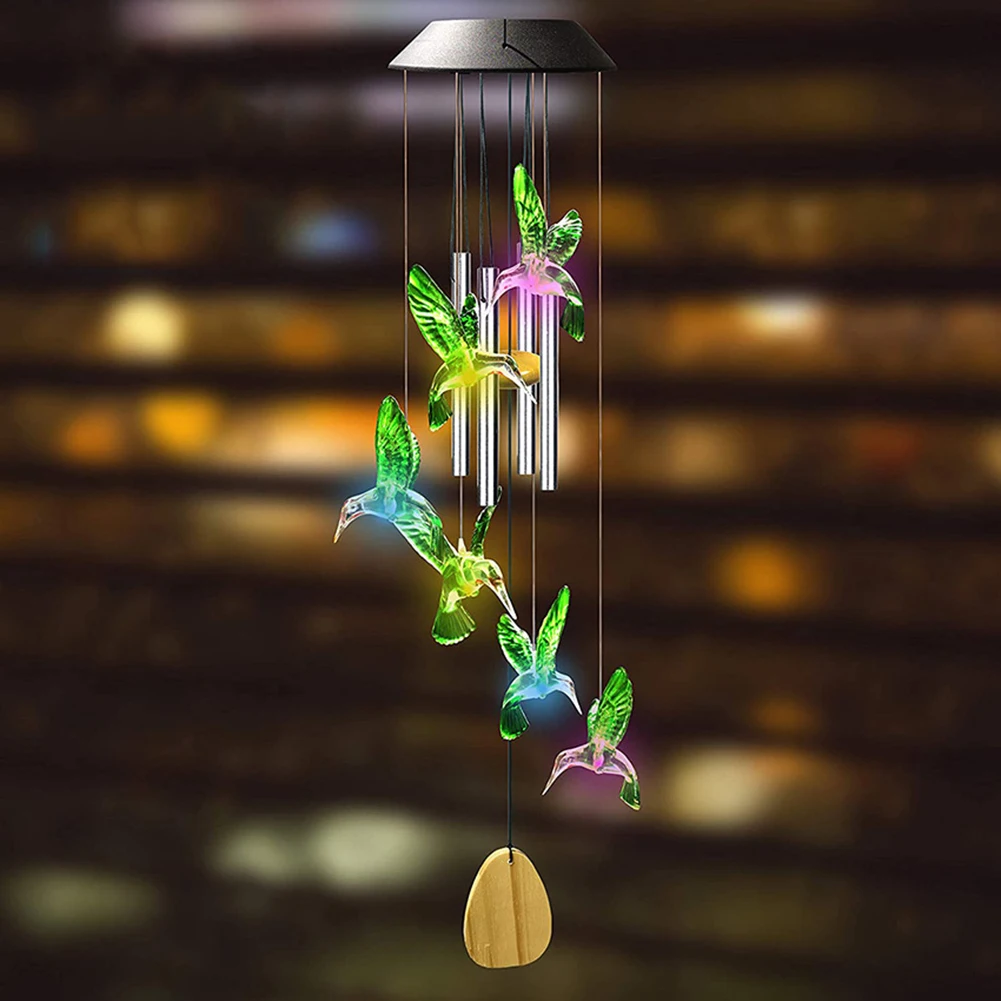 LED Colorful Solar Power Wind Chime Crystal Hummingbird Butterfly Waterproof Outdoor Windchime Solar Light for Garden