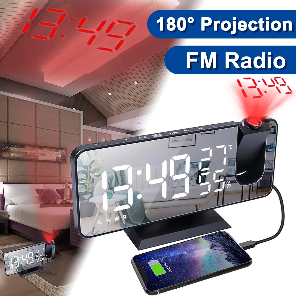 LED Digital Projection Alarm Clock Electronic Alarm Clock with Projection FM Radio Time Projector Bedroom Bedside Mute Clock