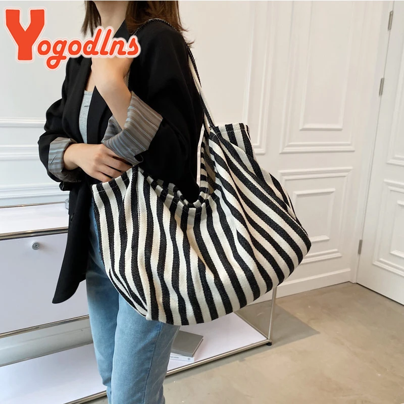 Large Capacity Canvas Bag for Women Fashion Striped Shoulder Bag New Top-handle Bag Travel Bag Shopping Tote Bolsa