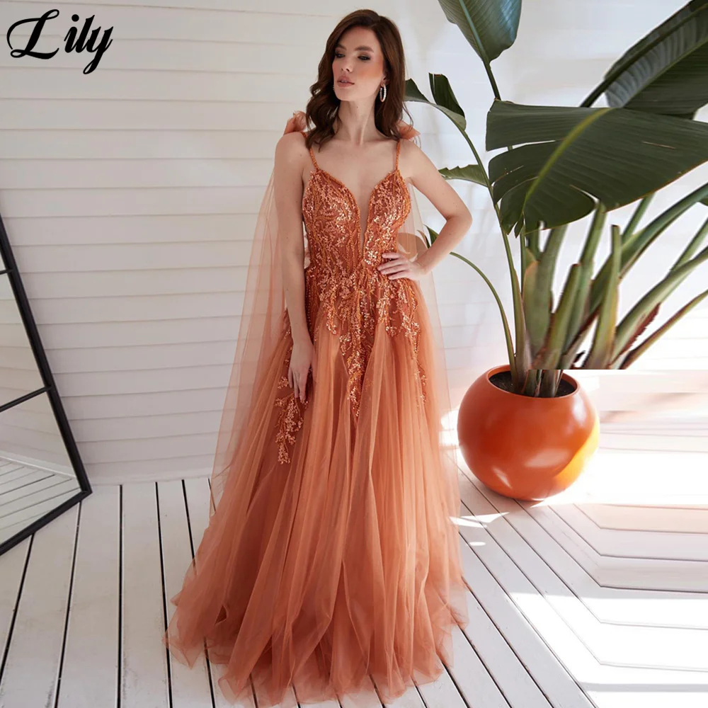 Lily Orange Appliques Elegant Sexy Wedding Party Dress Spaghetti Strap Celebrity Dress Net Special Occasion Dress robes du soir