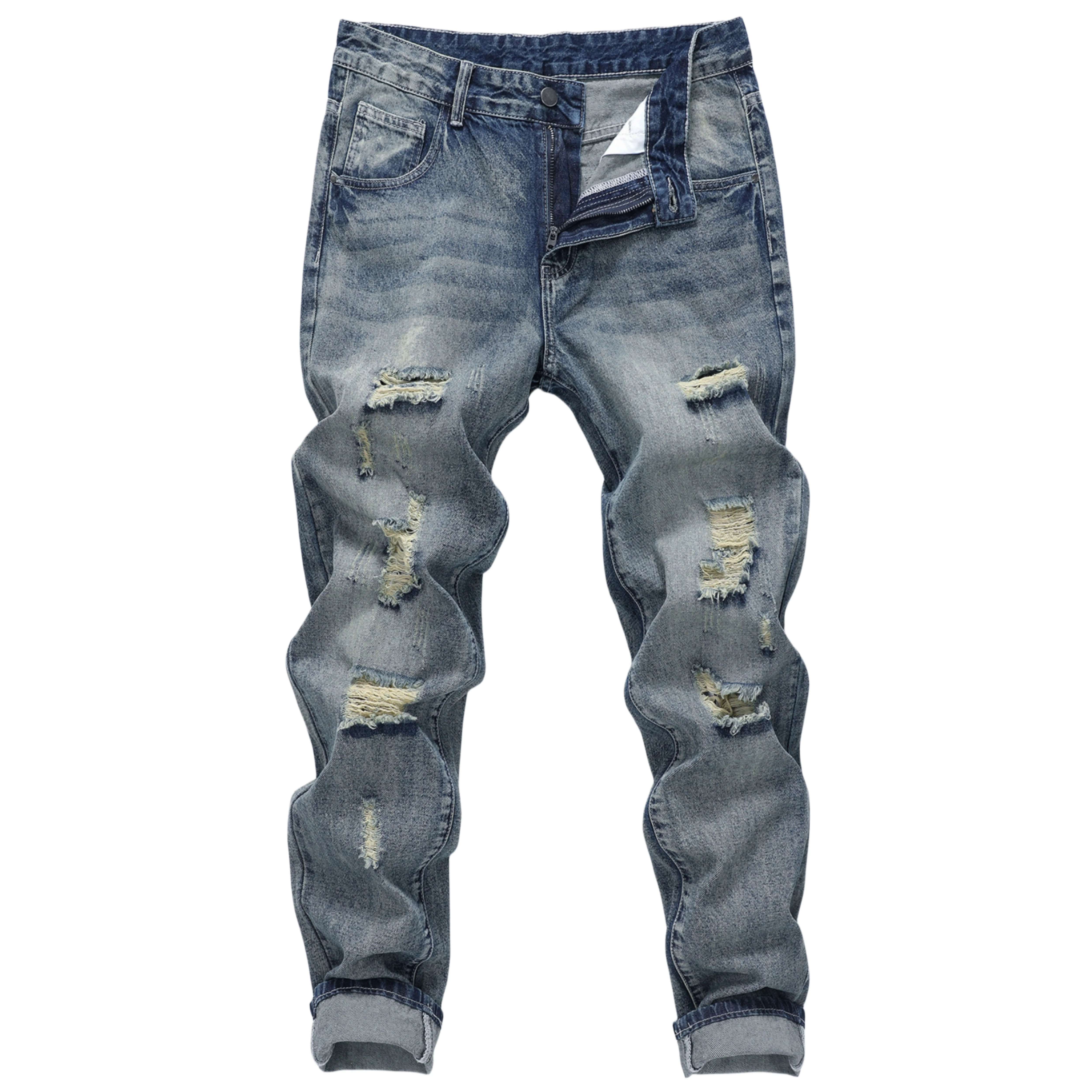 Men’s Straight Non-Stretch Cotton Causal Fashion Slashed and Ripped Denim Pants Jeans