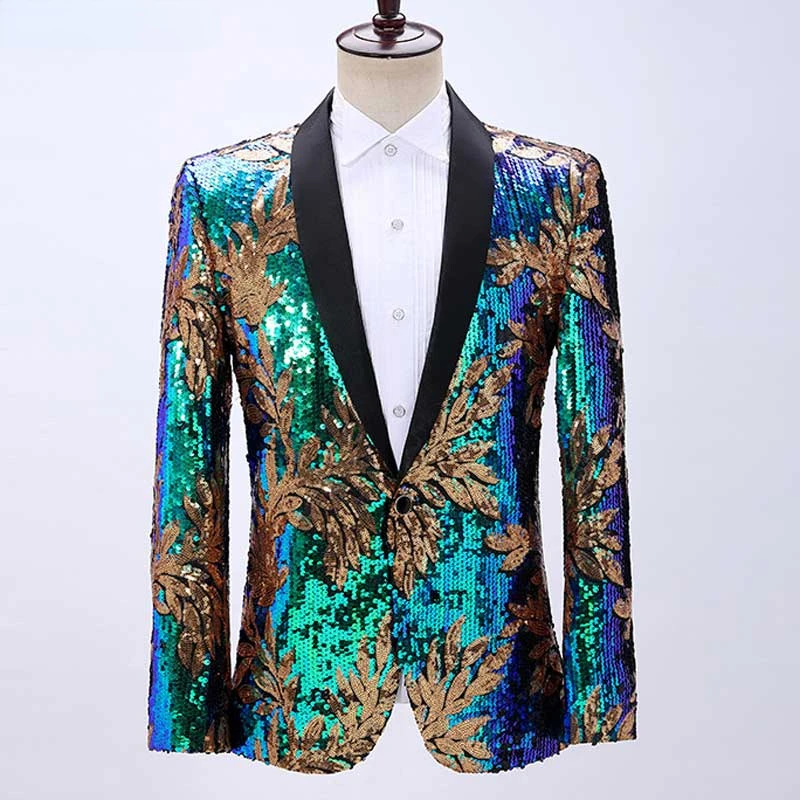 New Floral Sequin Wedding Suit Blazer Men Shawl Collar Slim Fit Blue Glitter Tuxedo Blazers Mens Party Prom Singer Costume