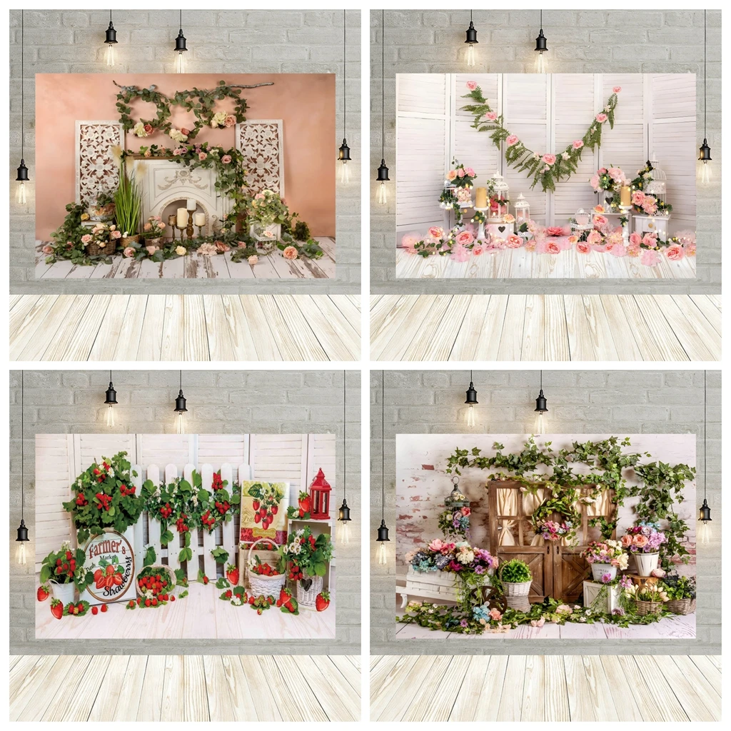 Newborn Baby 1st Birthday Party Backdrops Pink Flowers Decoration Wood Floor Kids Indoor Portrait Photography Background Props