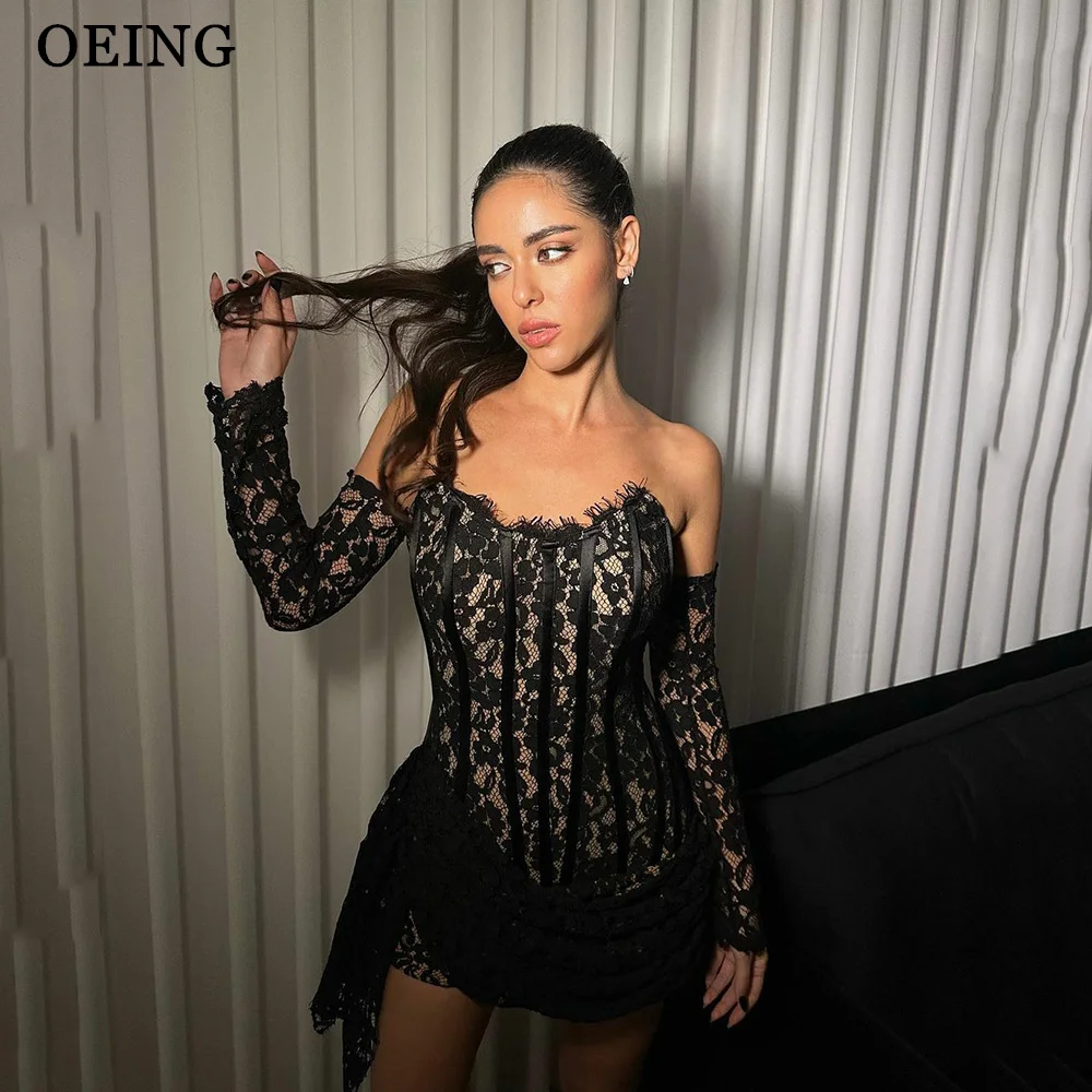 OEING Black Mini Short Prom Dresses Elegant Strapless Lace Appliques Party Dress Special Occasion Homecoming Celebrity Gowns