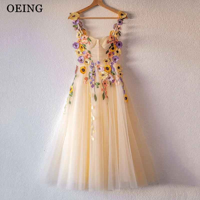 OEING Light Yellow A-Line Prom Dresses 3D Flower Tulle Tea Length Fairy Evening Dress Special Occasion Gown Vestidos De Gala