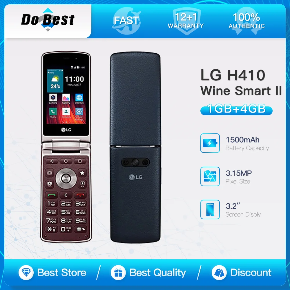 Original LG H410 Wine Smart II Mobile Phone Quad-Core Chip 3.2” Screen 1GB RAM 4GB ROM 3.15MP Camera 4G LTE Flip SmartPhone