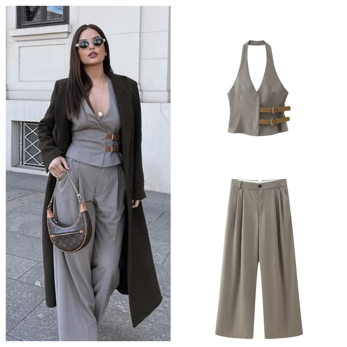 PB&ZA 2024 Spring New Women’s Fashion and Elegance Set with Belt, Hanging Neck, Tank Top, and Straight pleated pants