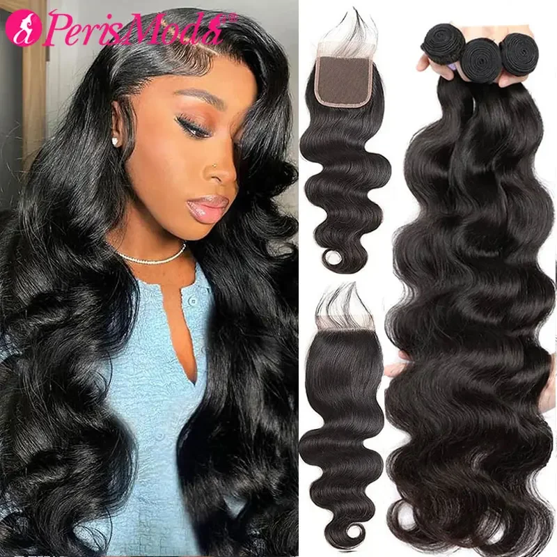 PerisModa Body Wave Bundles With Closure 5×5 HD Transparent Lace 4×4 Brown Lace 12A Brazilian Remy Natural Human Hair Extensions