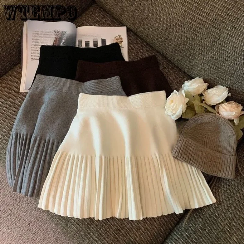 Pleated Skirt Women’s Winter High-waisted A-line Skirt Knitted Skirt Preppy Style Women Clothing