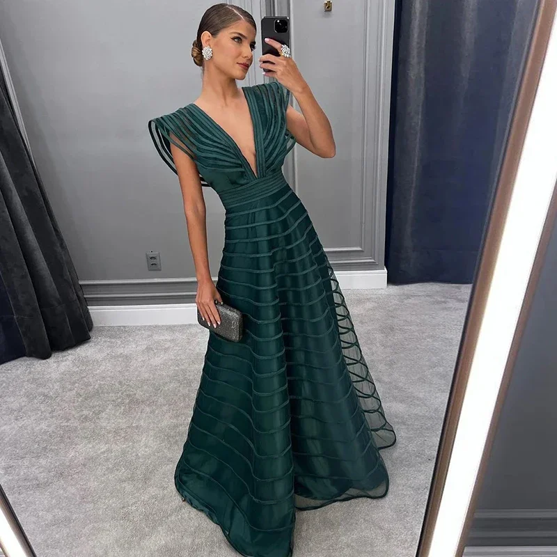 Prom Dresses Women V Neck Cap Sleeves  A-Line Pleat Ruched Saudi Arabic Evening Gown Formal Party Dress Special Occasion Dress