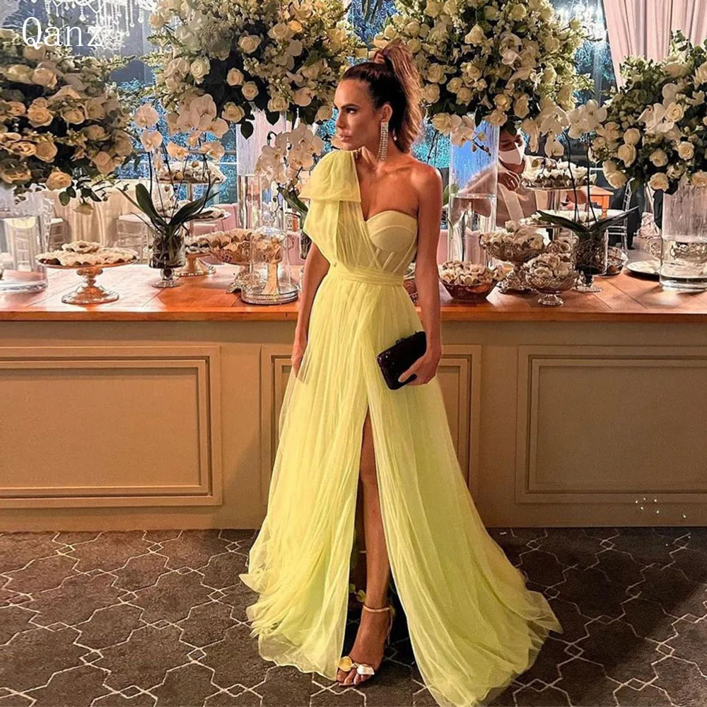 Qanz One Shoulder Prom Dresses Yellow Tulle Long A Line Party Evening Elegant Luxury Celebrity High Slit Formal Occasion Dresses