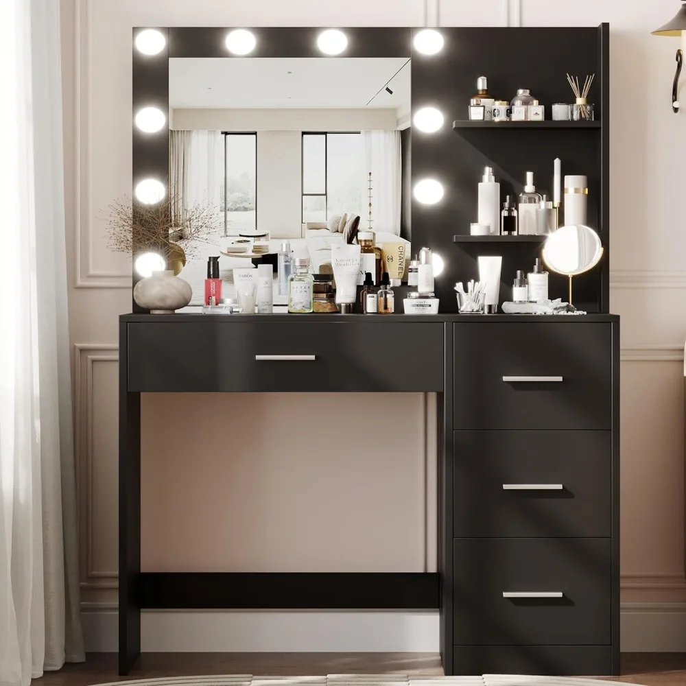 Rovaurx Makeup Vanity Table with Lighted Mirror, Makeup Vanity Desk with Storage Shelf and 4 Drawers, Bedroom Dressing Table