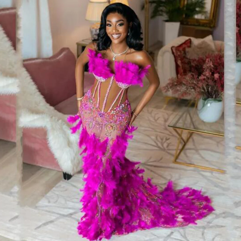 See Through Fuchsia Feathers Prom Dresses  With Beads Appliques Long Mermaid Evening Dress  Aso EBi Special Occasion Party Gowns