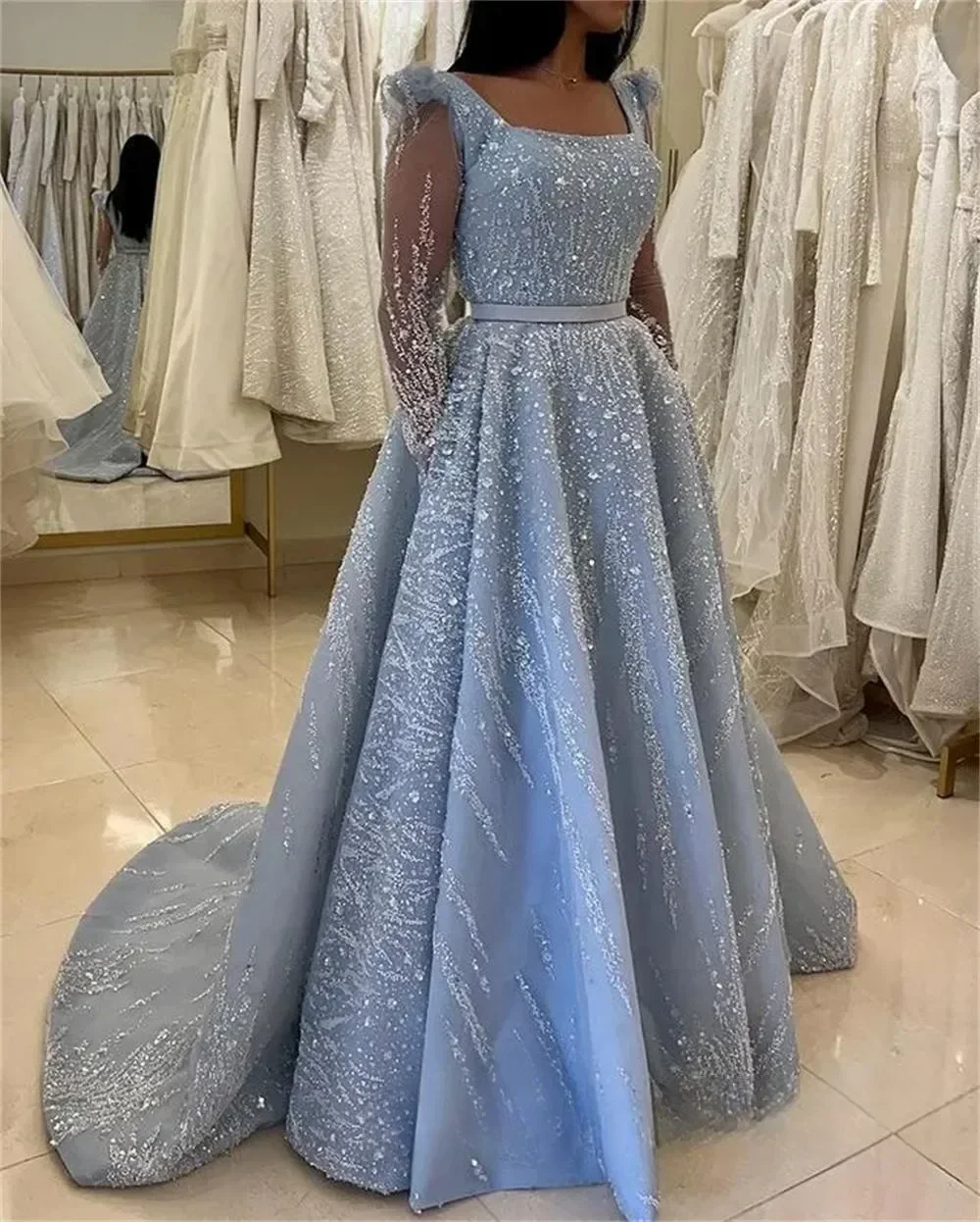 Sequins Long Prom Dresses A Line Long Sleeve 2024 Women’s Formal Occasion Gowns Belt with Drag Circle Party Dress فساتين السهرة