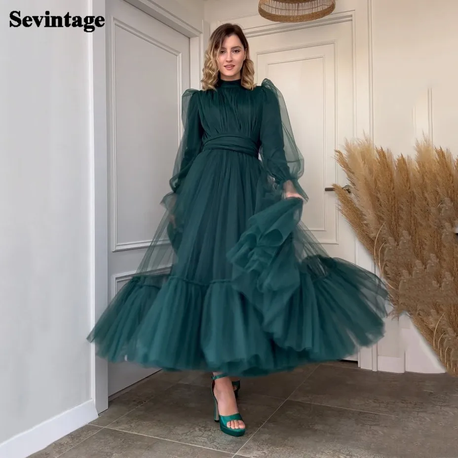 Sevintage Peacock A Line Tulle Prom Dresses Lined Long Sleeves Ankle Length Midi Evening Gowns Formal Women Occasion Party Dress