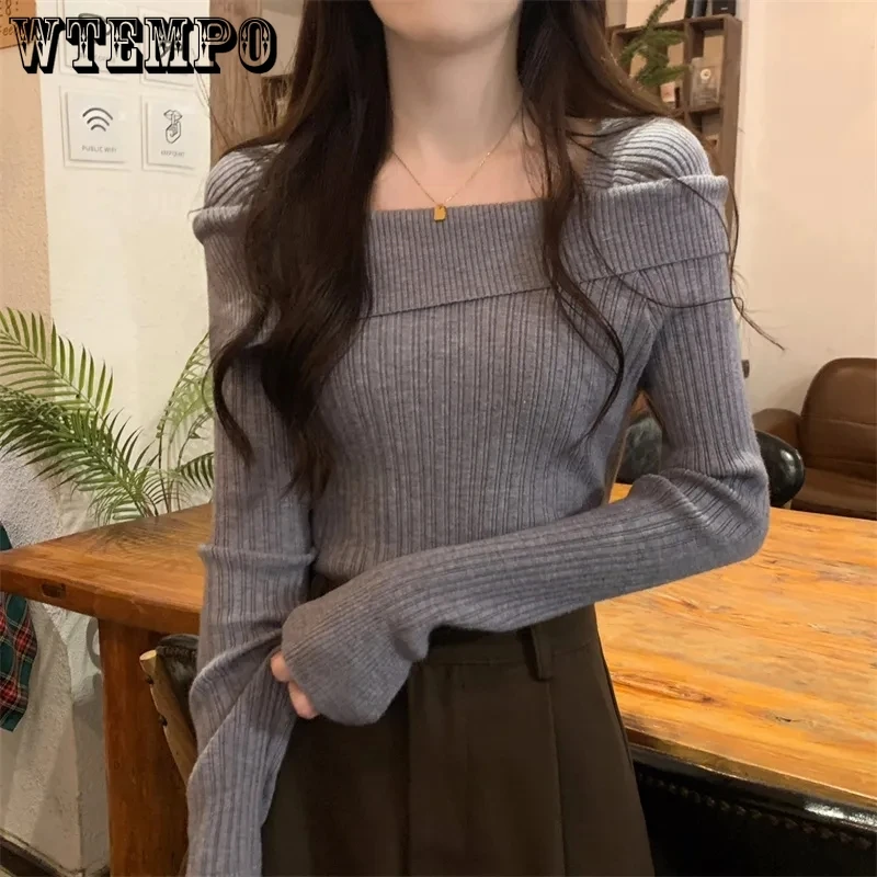 Slash Neck Knitwear Shoulder Top Women’s Thin Bottomed Shirt Slim Long Sleeve Hotsweet Korean Fashion Spring Fall Drop Shipping