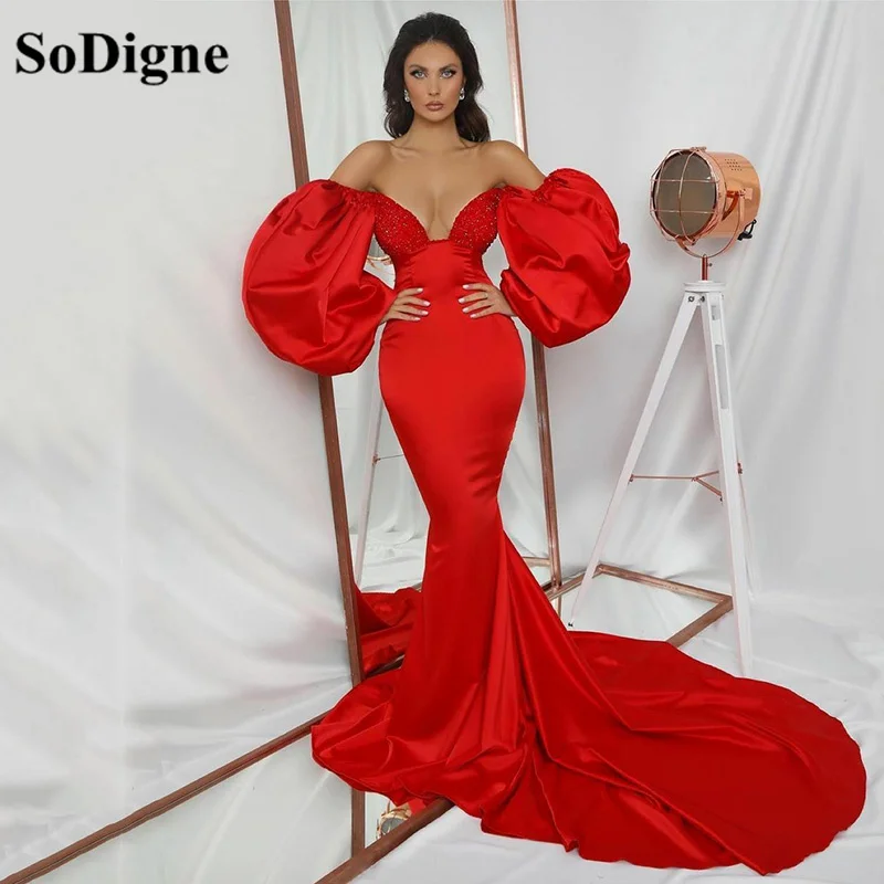 SoDigne Red Mermaid Satin Evening Party Dresses Short Sleeve Prom Gowns Women Formal Women Special Occasion Dress Customize