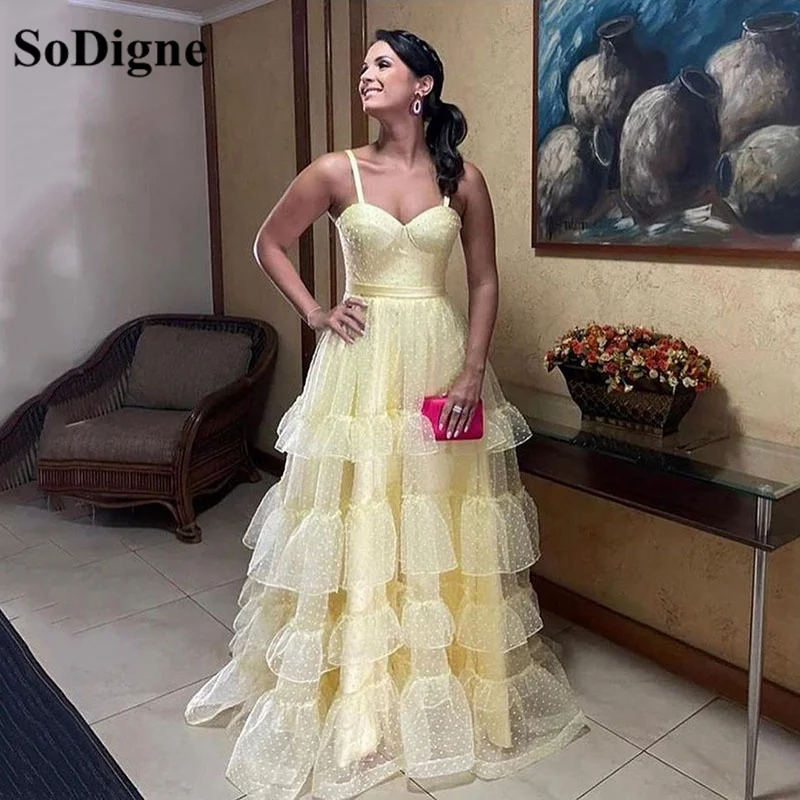 SoDigne Yellow Prom Dresses Tiered Dot Tulle Women Evening Gowns Long Formal Dress Special Occasion Party Dress