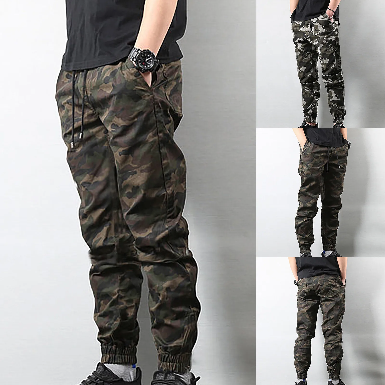 Spring Autumn Men Sweatpants Tactical Joggers Cargo Pants Camouflage Ankle Tied Elastic Waist Drawstring Harem Pants Trousers