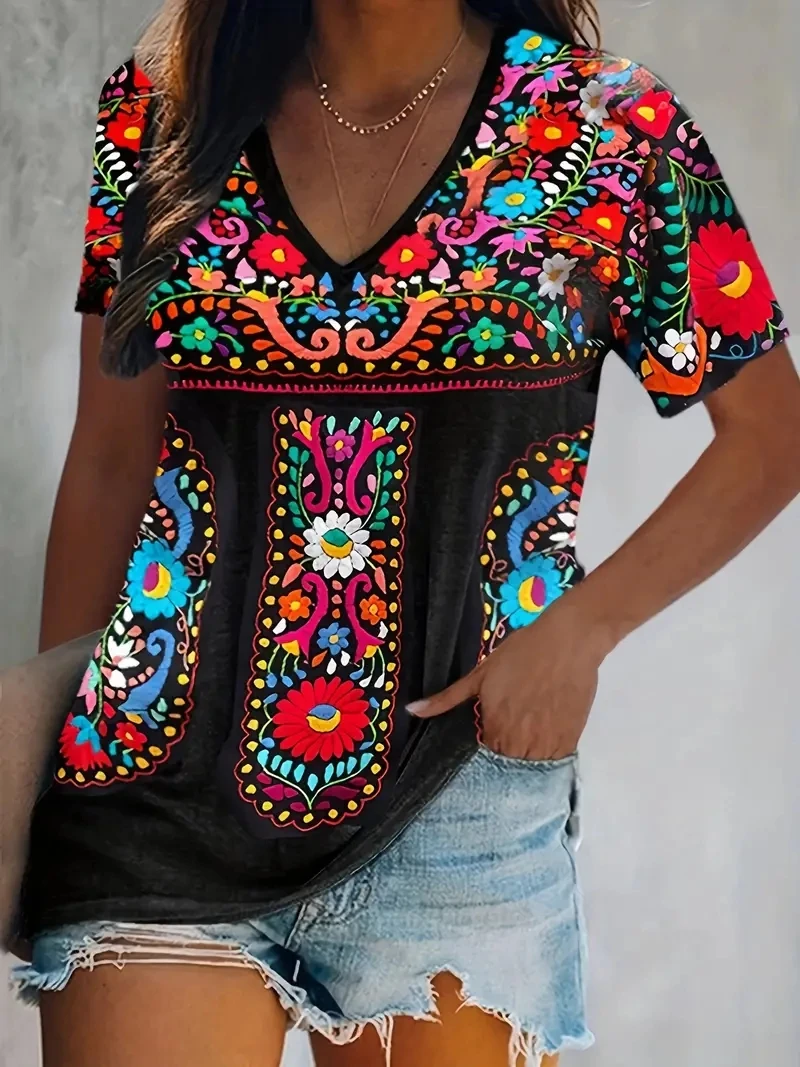 Spring Summer V Neck Ladies T Shirt Bohemian Flower Print Short Sleeve Blouse Retro Harajuku Ethnic Style Casual Clothing