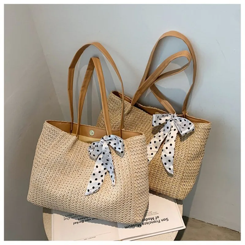 Straw Tote Bag For Women, Handmade Woven Shoulder Bag, Large Capacity Summer Beach Bag