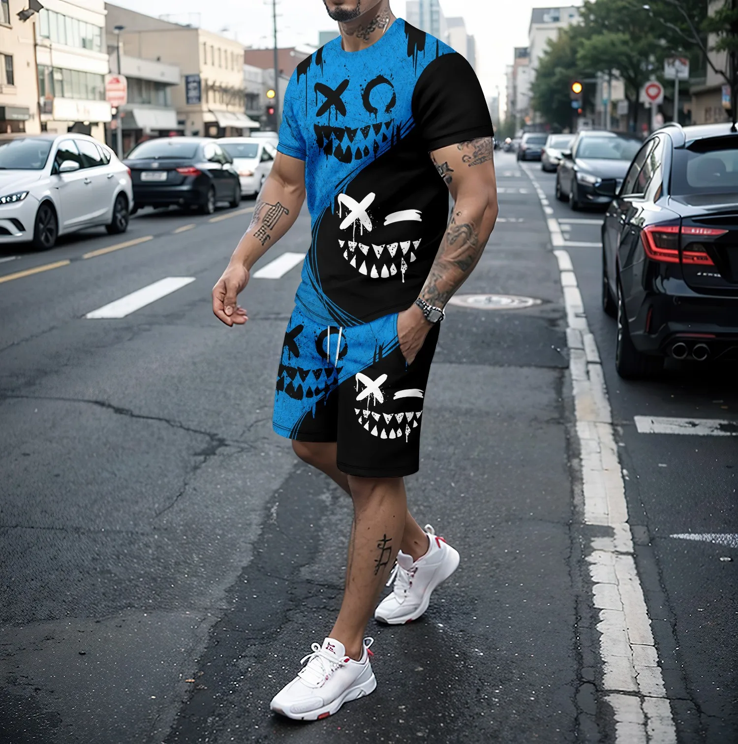 Summer round neck short sleeved T-shirt and shorts set men’s 2-piece set 3D funny smiling face pattern casual street sportswear