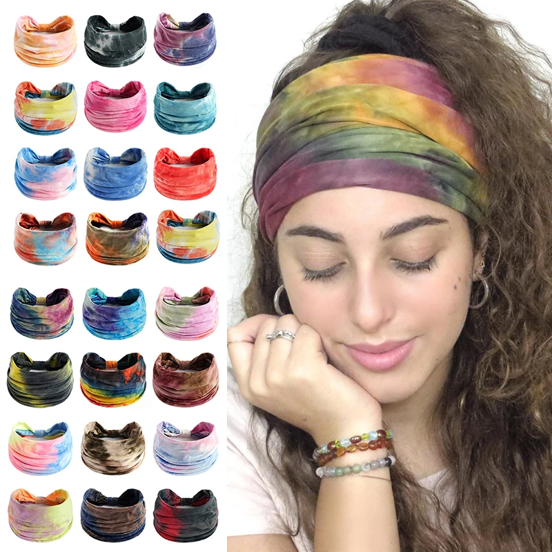 Super Wide Tie Dye Headbands Hair Accessories Sweatband Bandanas Headscarf Vintage Boho Style Color Turban Head Wrap