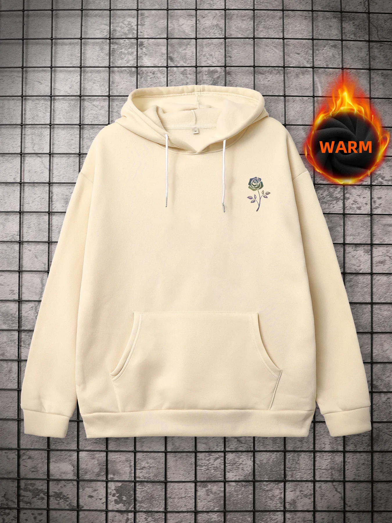 Sycpman Rose Print Fleece Hoodies for Men Autumn and Winter Couple Loose Pullover Casual Versatile Streetwear Hoodie