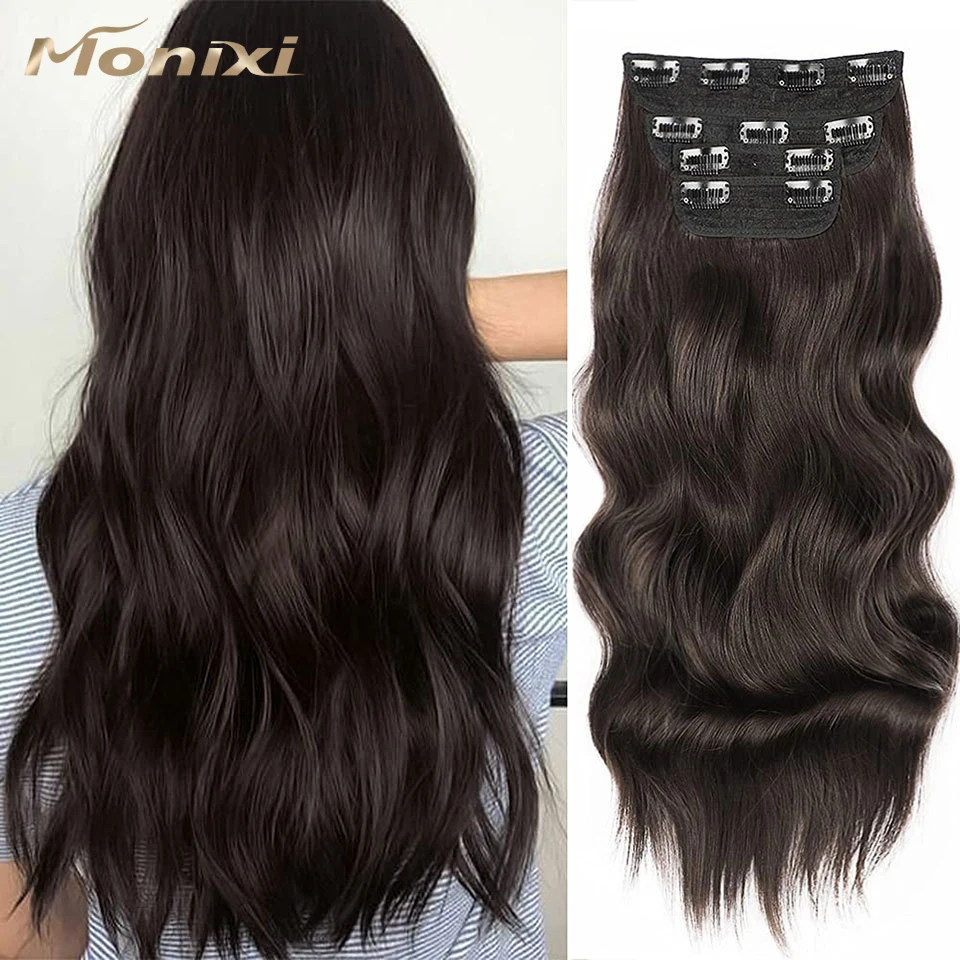 Synthetic Long Wavy Synthetic Hair Extensions 4pcs/set Clip In Hair Extensions Dark Brown Ombre Honey Blonde Thick Hairpieces