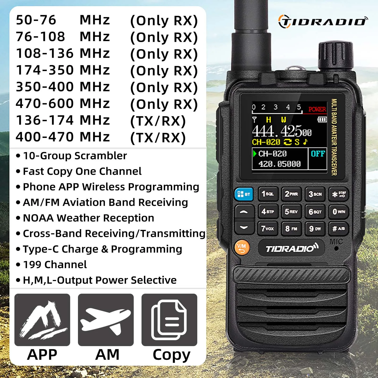 TIDRADIO-H3 Walkie Talkie, Phone APP, Wireless Programming, AM, Long Range, Air Band Radio, Dual PTT, Type-C Programming, Driver