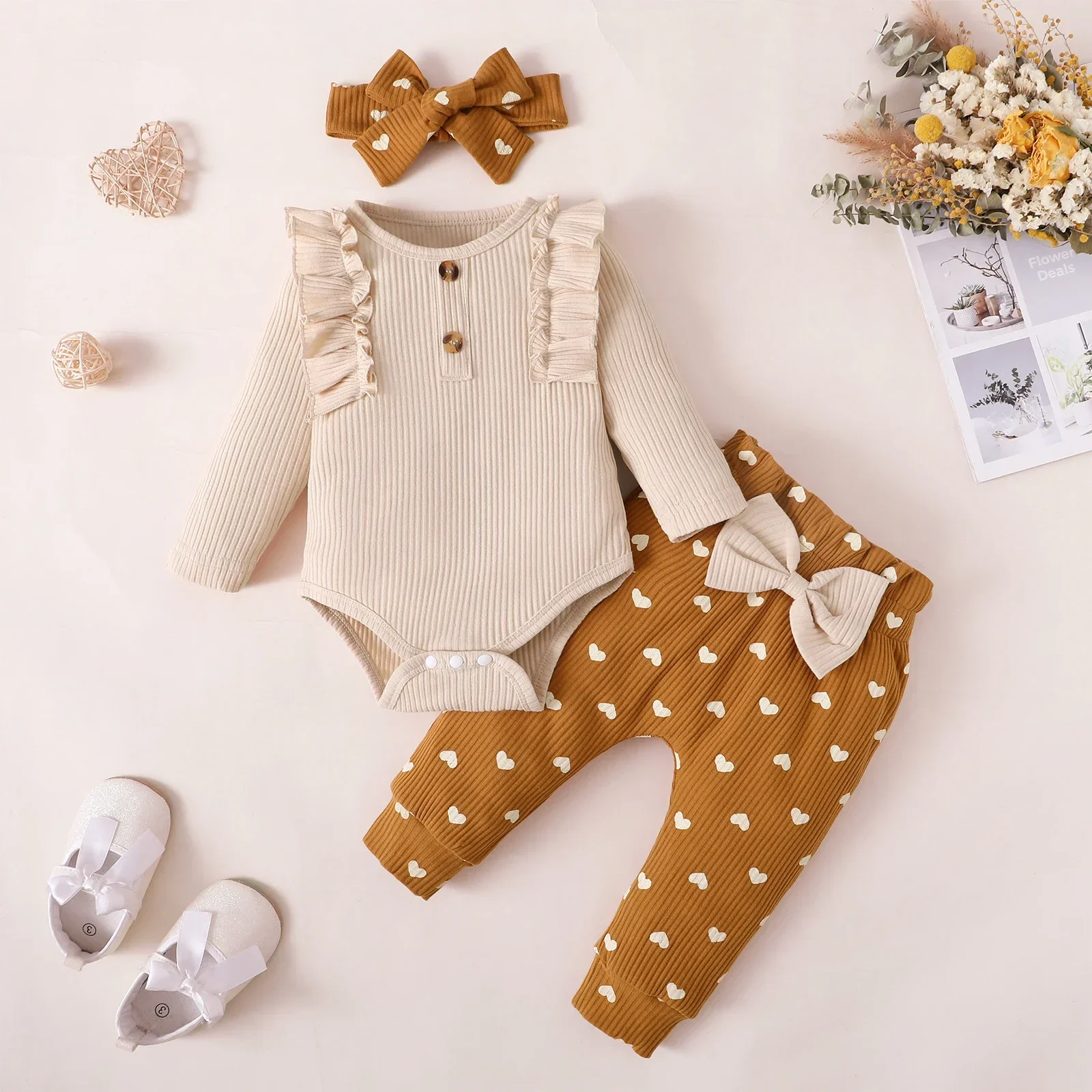 Toddler Newborn Baby Girl Clothes Set Long Sleeve Knitting Top Bodysuit Printed Love Heart Pants Headband Outfit