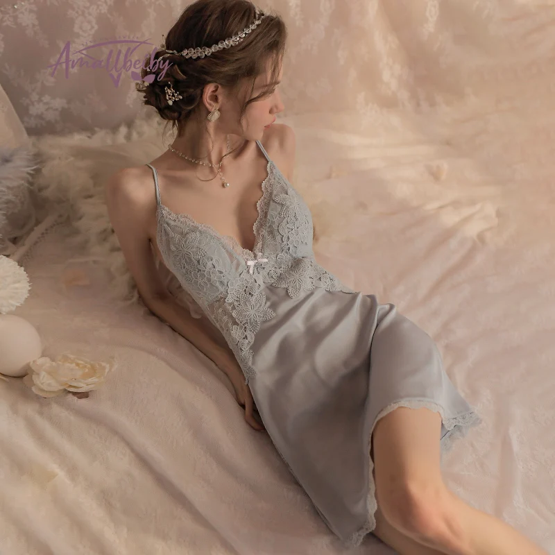 With Chest Pads Nightgowns Deep V Embroidery Lace Nightdress Womens Satin Lingerie Home Clothes Sleepwear Sexy Pajamas Nighty