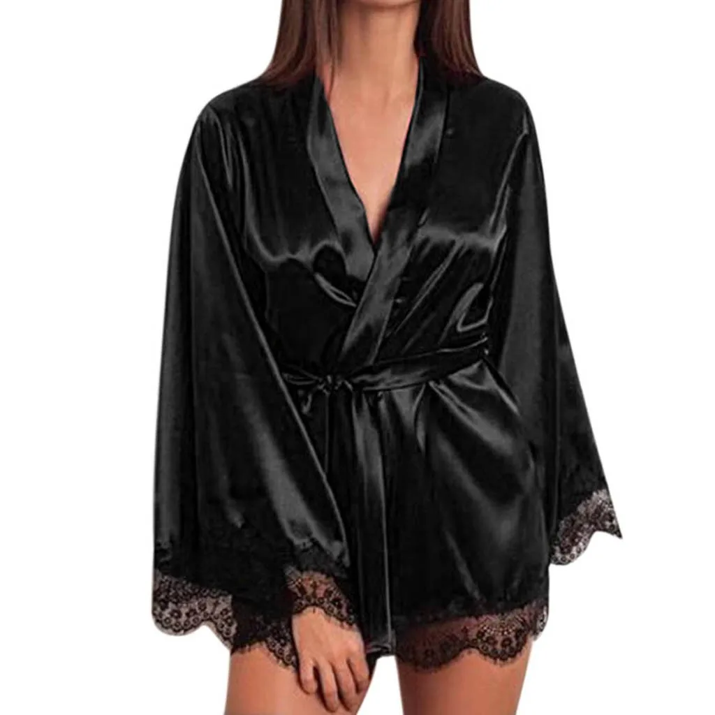 Women Satin Robe Sexy Femme Nightdress Silk Lace Lingerie Nightgown Sleepwear Sexy Nightdress Cotton Women Free Shipping #F