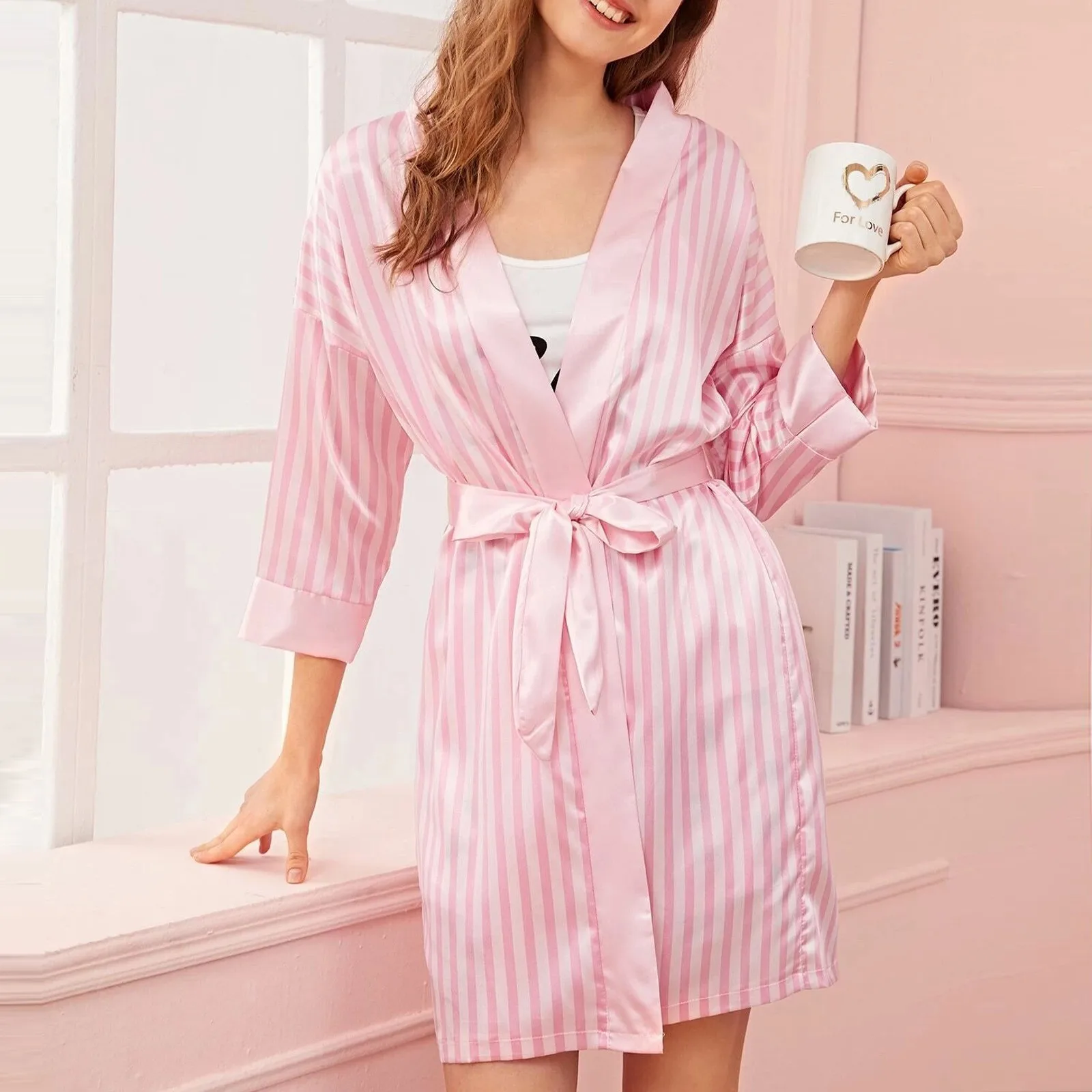 Women Satin Silk Sleepwear Striped Sexy Lingerie Pajamas Women Nightdress Underwear Robes Casual Home Wear Long-Sleeve Sleepwear