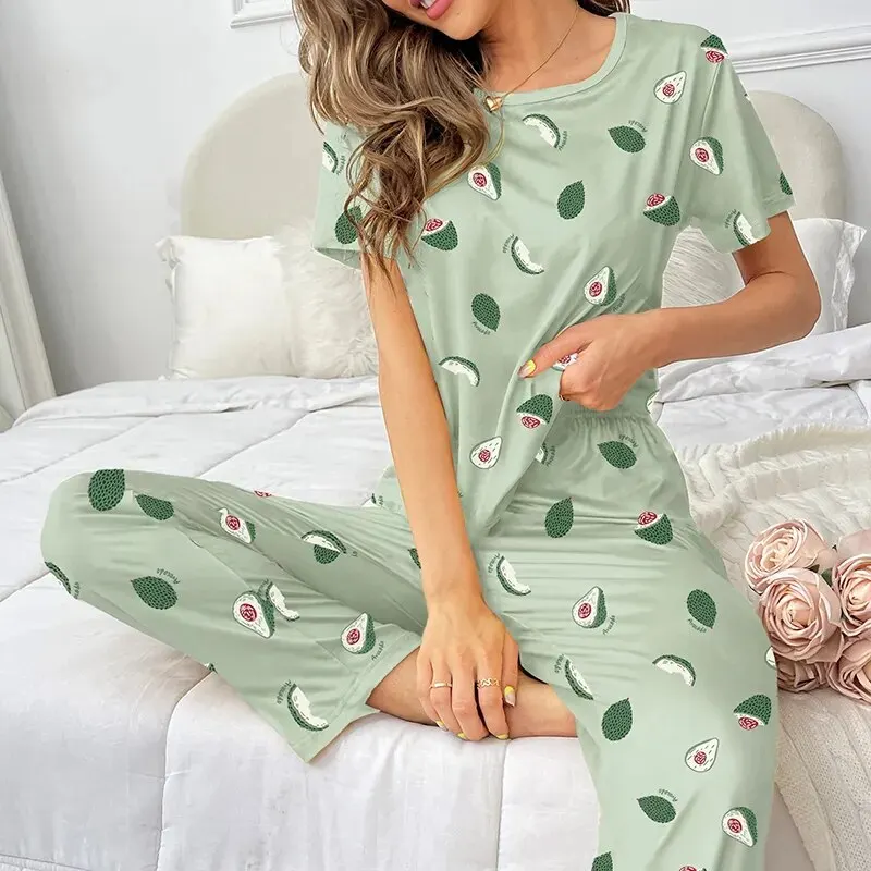 Women Short Sleeve Pajama Set Sleepwear Casual Tops With Trousers Loungewear Avocado Print Pyjama Pj Soft Home Clothes Nightwear