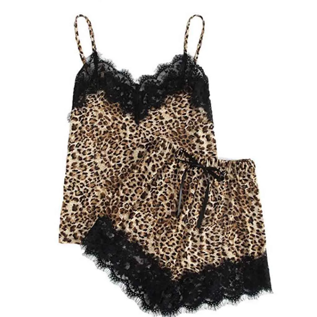 Women Sleepwear Sexy Leopard Print Sleeveless Strap Nightwear Lace Trim Sleep Tops Shorts Sets Sexy Lingerie Pyjamas 5XL пижама