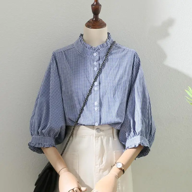 Women’s Clothing Spring Summer 2023 Tops Vintage French Lantern Sleeve Elegant and Youth Woman Blouses Lace Blue Plaid Shirt