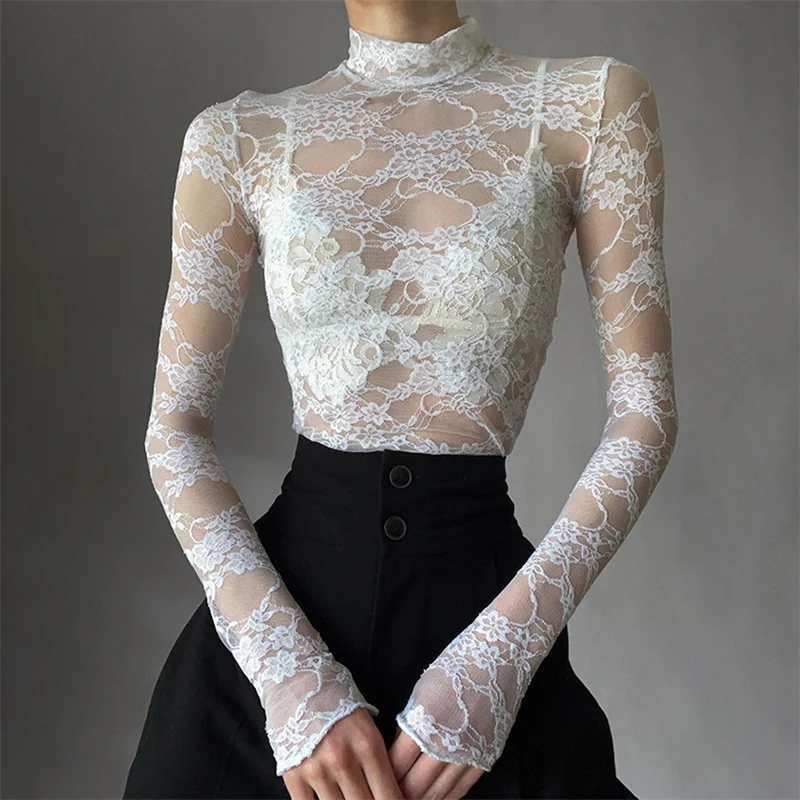 Women’s Lace Floral Crop Tops Fairy Grunge White Long Sleeve Mock Neck Mesh See Through Floral Slim T-shirts Y2k Club Streetwear