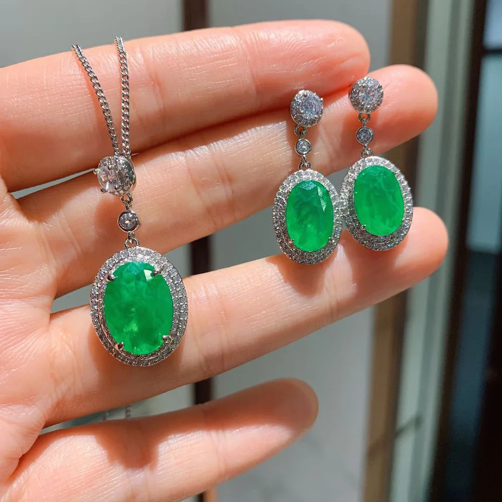 Women’s Vintage Jewelry Sets Emerald Gemstone Drop Earrings Pendant Necklace Wedding Engagement Fine Jewel Accessories Wholesale