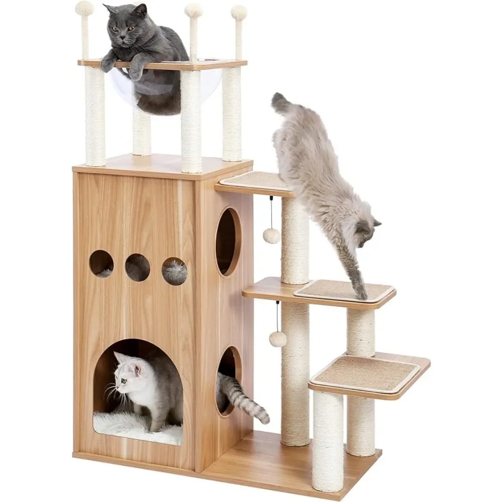 Wood Cat Tower Heavy Duty With Scratch Post for Indoor Big Cats Tree Supplies Pet Products