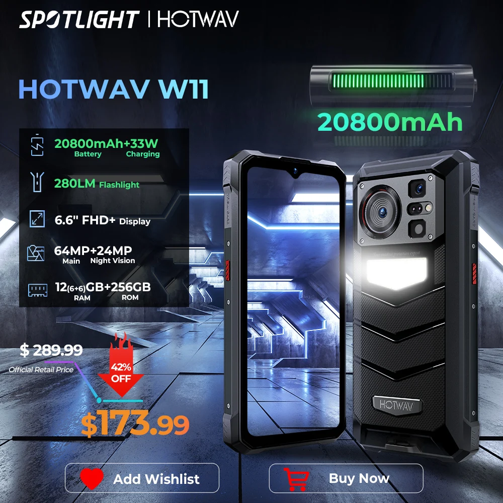 [World Premeire] HOTWAV W11 Rugged Phone 20800mAh 280LM Flashlight 6.6” FHD+ Smartphone 33W 24MP Night Vision Mobile Phone