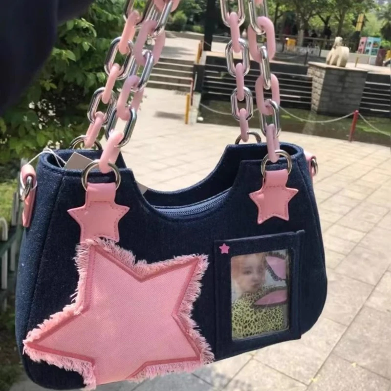 Y2k Fashion Women’s Handbags Stars Pattern Cool Girls Underarm Bag Fashion Canvas Female Small Shoulder Bags Chain Tote Purses