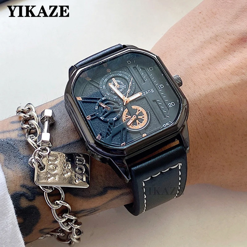 YIKAZE Alloy Men Quartz Watches Leather Strap Big Dial Student Square Sports Watch Cool Black Men’s Watch Waterproof  Wristwatch