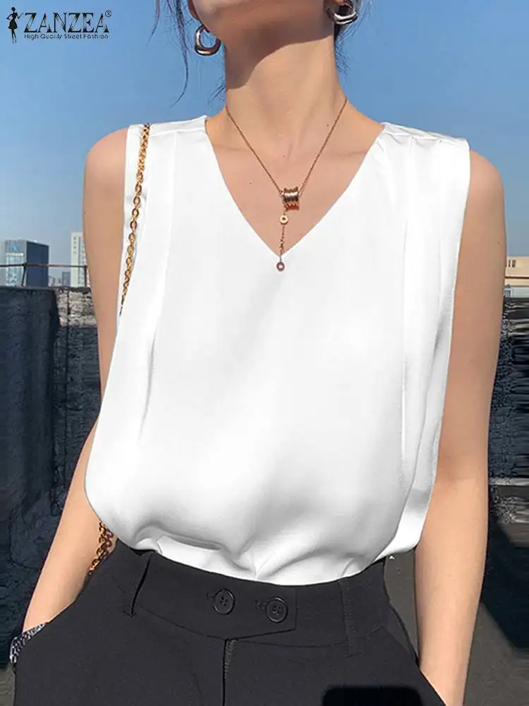 ZANZEA Summer Women Sleeveless Blouse Fashion Satin OL Work Tanks Tops V Neck Shirt Female Camis Casual Beach Blusas Chemise